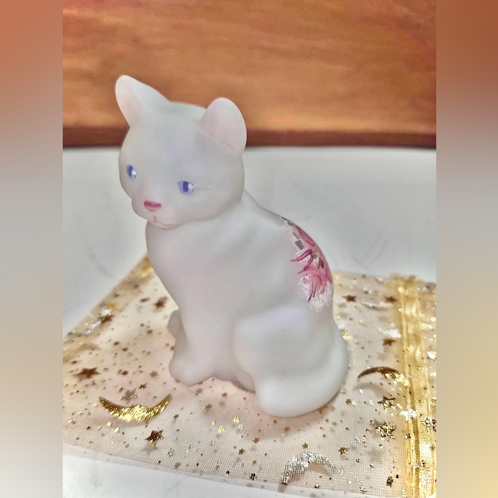 Rare Fenton Cat Figurine - Opal White Satin Glass Hand-Painted Roses by S Bryan